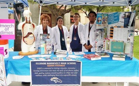 Ms. Uribe and our CTE medical students wielding a tri-fold poster and the torso of the last person who ignored their booth