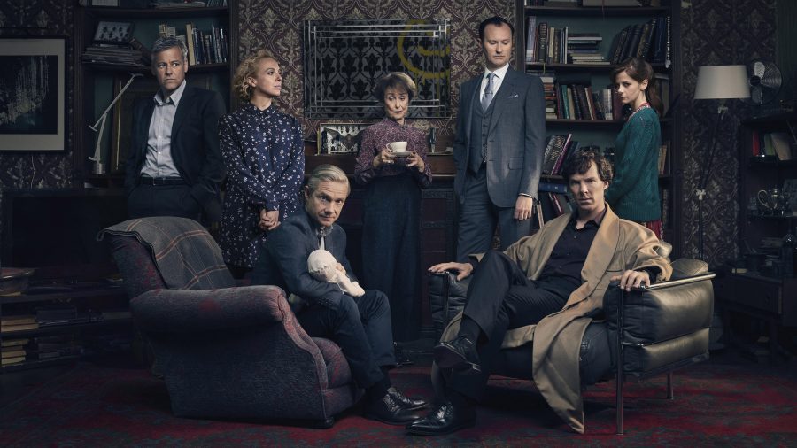 Sherlock, Season 4
Sundays, January 1 - 15, 2017 on MASTERPIECE Mystery! on PBS

Picture shows: D.I. Lestrade (RUPERT GRAVES), Mary Watson (AMANDA ABBINGTON), John Watson (MARTIN FREEMAN), Mrs Hudson (UNA STUBBS), Mycroft Holmes (MARK GATISS), Sherlock Holmes (BENEDICT CUMBERBATCH) and Molly Hooper (LOUISE BREALEY). 

Courtesy of Todd Antony/Hartswood Films 2016 for MASTERPIECE