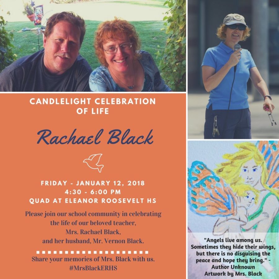A flyer made to let people in the ERHS community know of the planned memorial event that was held on Friday, Jan. 12, 2018 during winter break, that would celebrate Mrs. Black. Pictured here are Vernon Black and his wife, Rachael Black. 