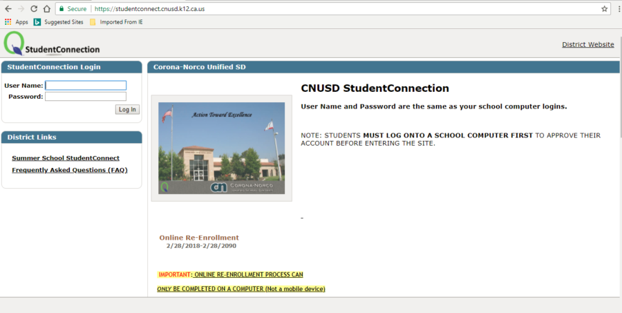screen capture of student connect website