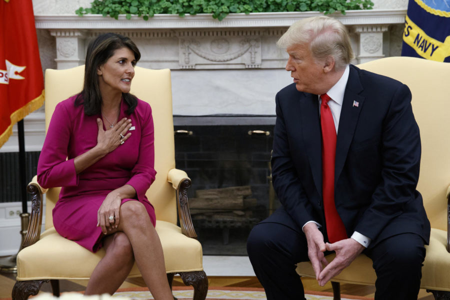President+Donald+Trump+meets+with+outgoing+U.S.+Ambassador+to+the+United+Nations+Nikki+Haley+in+the+Oval+Office+of+the+White+House%2C+Tuesday%2C+Oct.+9%2C+2018%2C+in+Washington.+%28AP+Photo%2FEvan+Vucci%29