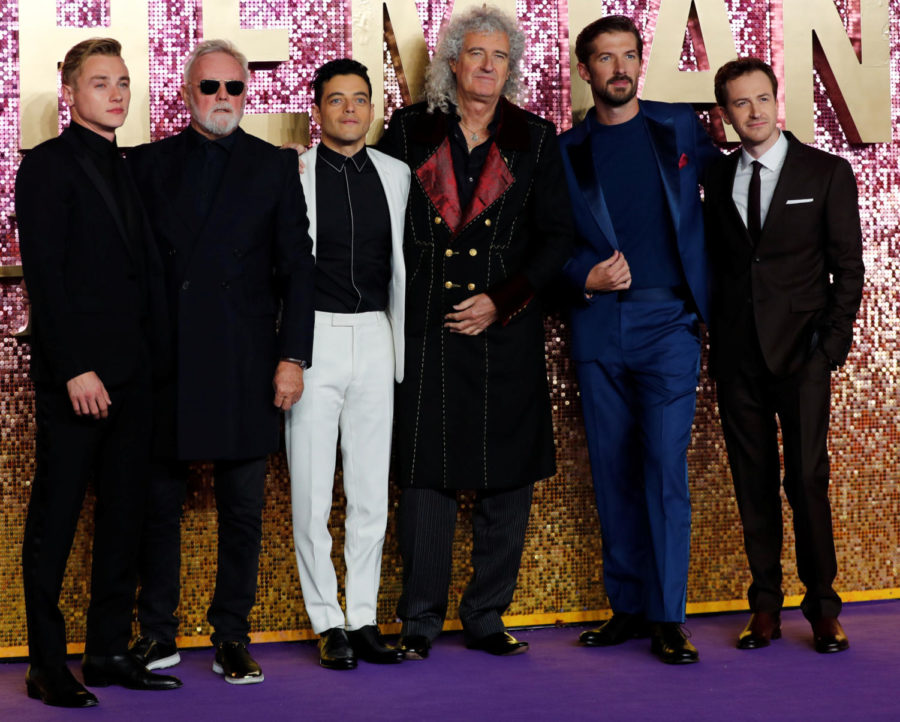 Actors Ben Hardy, Rami Malek, Gwilym Lee and Joe Mazzello and members of Queen Roger Taylor and Brian May attend the world premiere of Bohemian Rhapsody movie in London, Britain October 23, 2018. REUTERS/Eddie Keogh