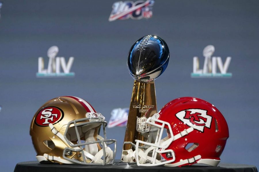 The Vince Lombardi Trophy is displayed before a news conference for the NFL Super Bowl 54 football game Wednesday, Jan. 29, 2020, in Miami. 