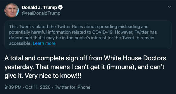 Donald Trump tweeted this Oct. 11 just one week after his initial diagnosis