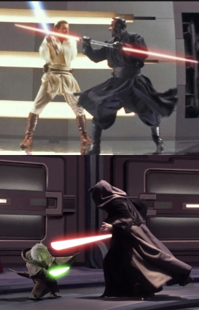 Some of the numerous lightsaber duels throughout the trilogy, including Obi-Wan vs Darth Maul and Yoda vs Palpatine (Edited by me)