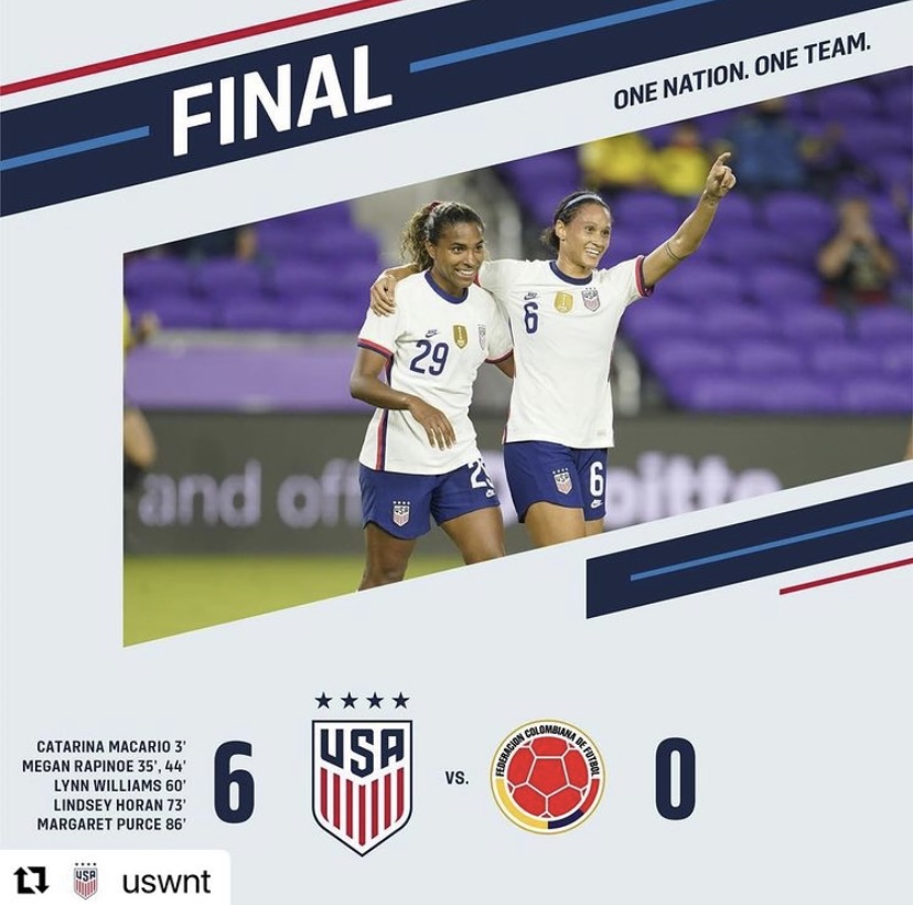 Catarina Macario and Lynn Williams celebrating William's goal during the 60th minute, including the soccer from the match against Colombia.