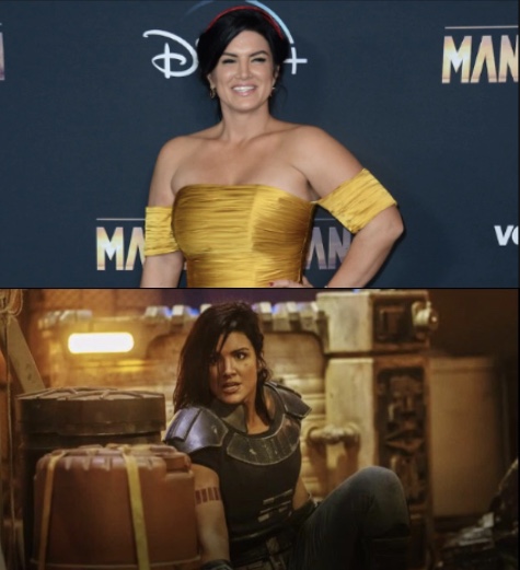 Gina Carano (top) and Carano playing Cara Dune on The Mandalorian (bottom)