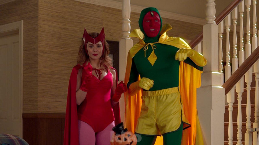 Wanda and Vision in classic comic book costumes