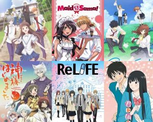 A compilation of rom-com anime series. Fruits Basket, Maid Sama, Ao Haru Ride, Kamisama Kiss, ReLIFE, and Kimi ni Todoke (from left to right).