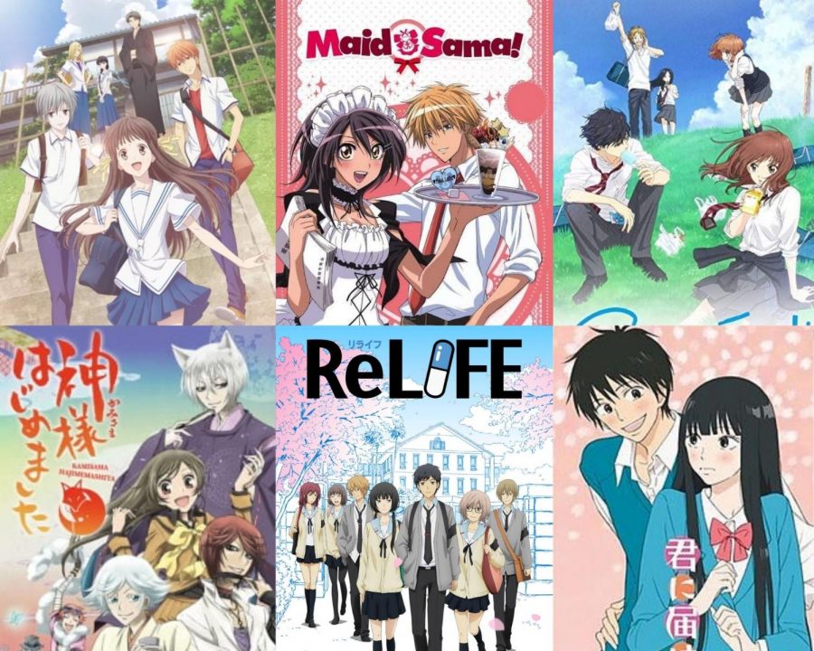 A+compilation+of+rom-com+anime+series.+Fruits+Basket%2C+Maid+Sama%2C+Ao+Haru+Ride%2C+Kamisama+Kiss%2C+ReLIFE%2C+and+Kimi+ni+Todoke+%28from+left+to+right%29.