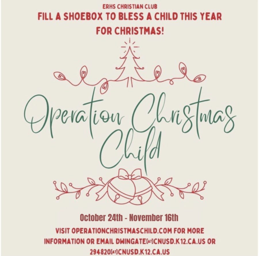 A graphic created by ERHS Christian Club with information about Operation Christmas Child