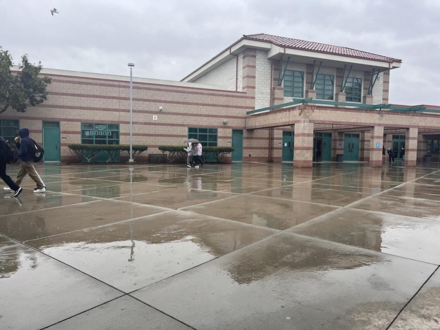 The ERHS campus in the rain on Fri, Feb. 24