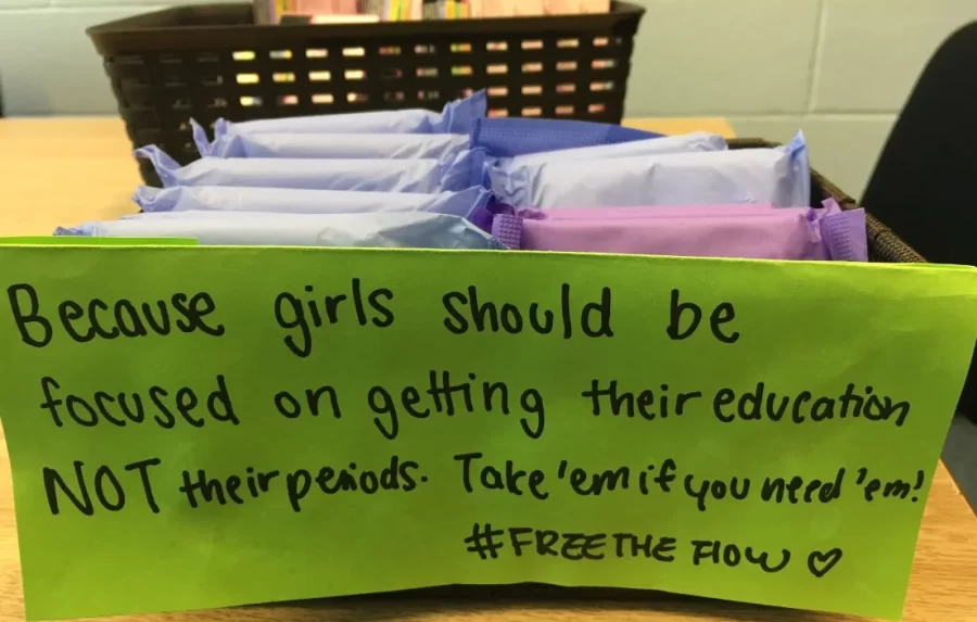 A free period product basket inside a London public school, a case of menstrual equity. Image from London Central Secondary School on Twitter,