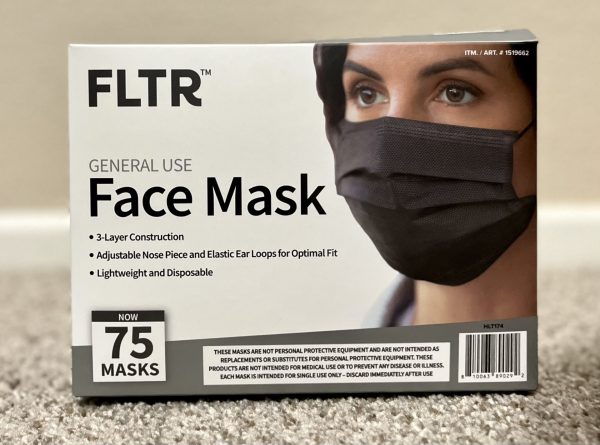 Box of FLTR face masks purchased on Amazon during 2020
