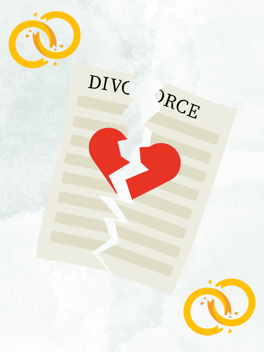 An image of divorce papers, a broken heart, and broken weddings rings intended to portray a divorce