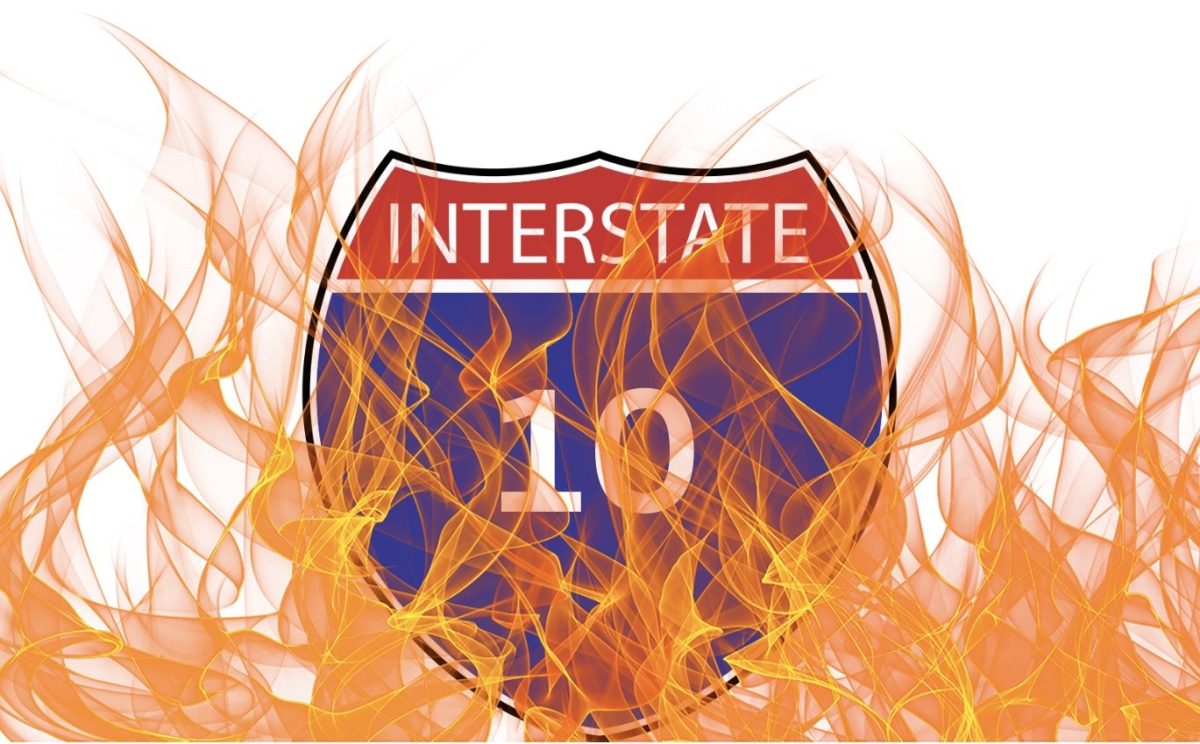 The Interstate 10 sign up in flames