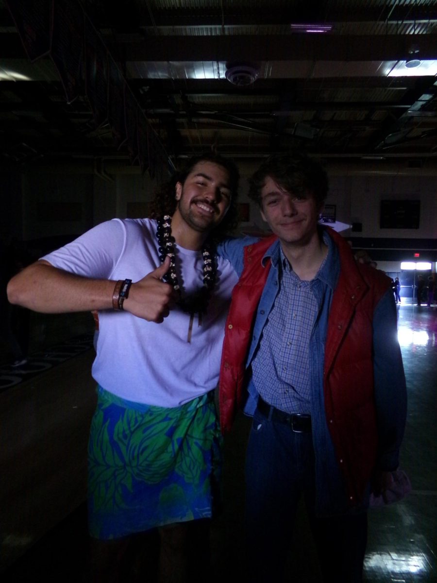 Stephen King and Max Wagoner pose for a photo at the pep rally