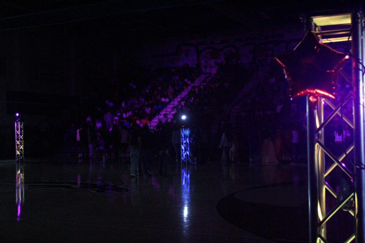 The gym is set up with decorations for the pep rally