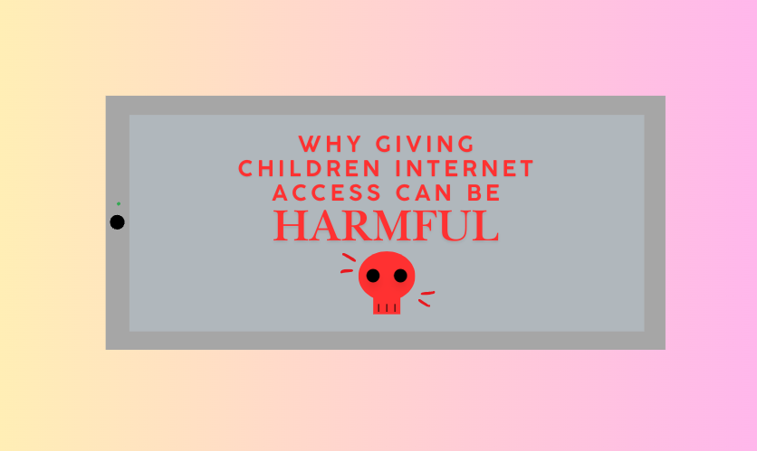 Drawing of a cell phone displaying the title of this article, "Why Giving Children Internet Access can be Harmful"