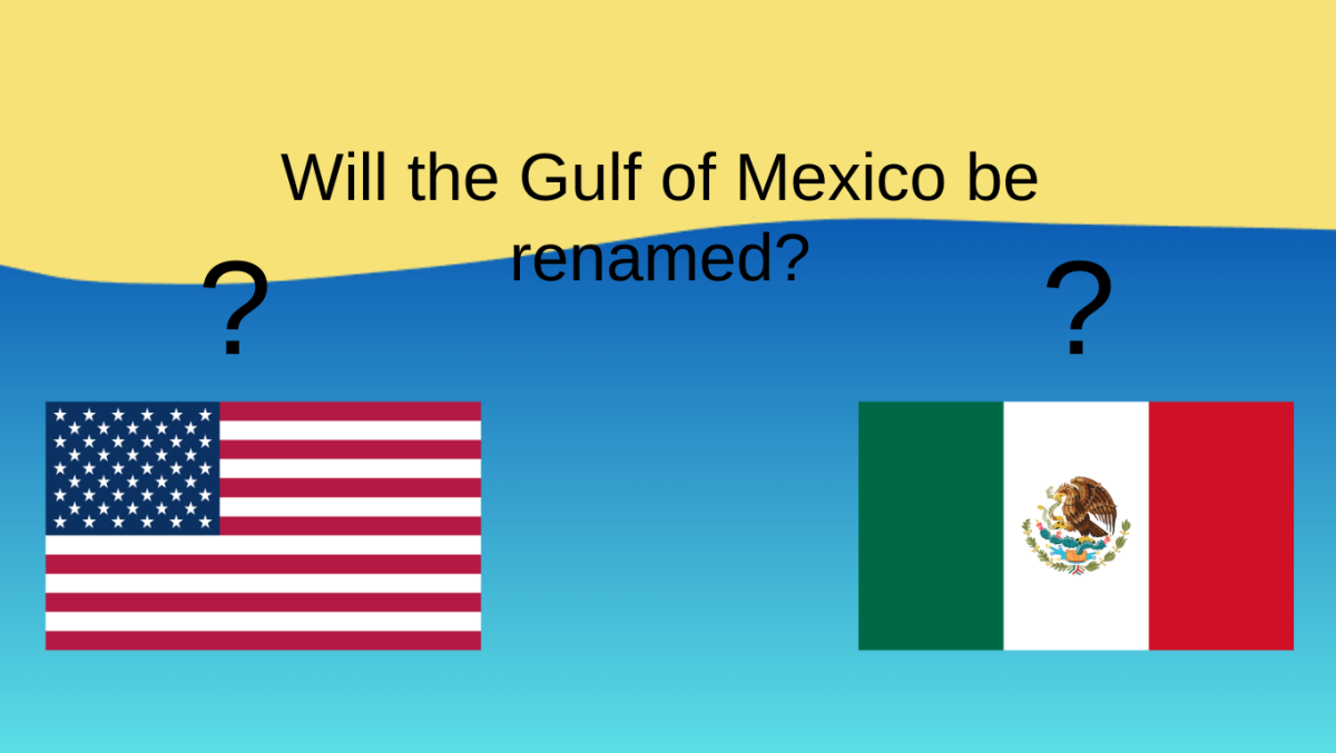 Digital drawing made on Canva and Google slides, depicting a beach with the US flag, the Mexico flag, question marks, and the title of this article.