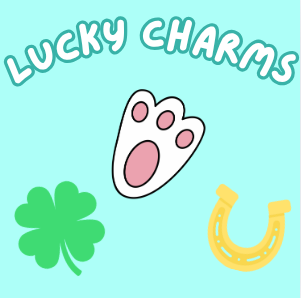 A blue background with lucky charms symbols.