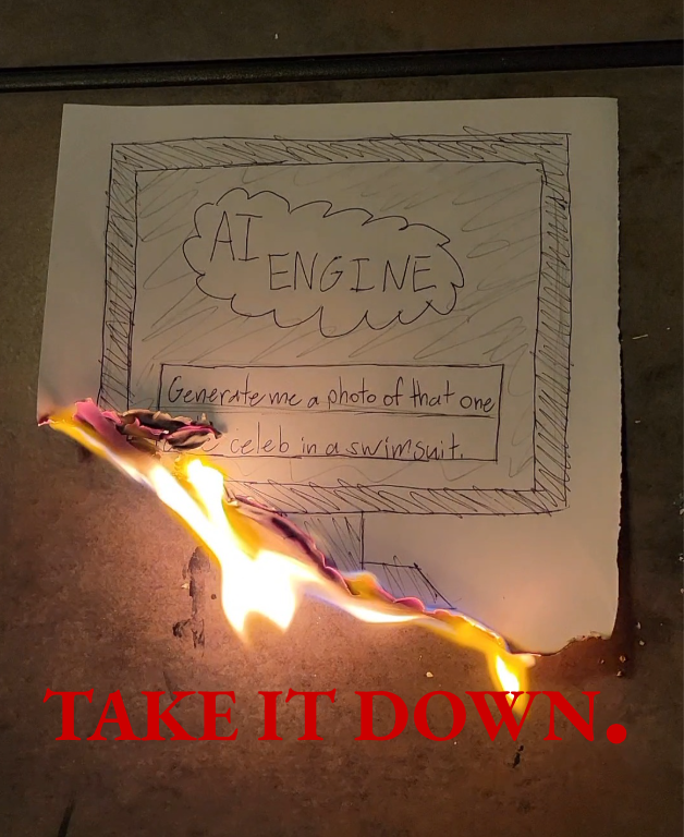 Drawing of a fake AI image generator with a prompt related to what the "Take it Down" Act is trying to ban. The paper is on fire with "Take it Down" edited on the bottom. Made on Google Slides.