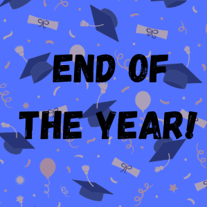Caps and diplomas in the background of the words "end of the year."