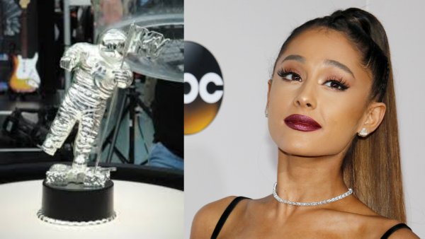 Ariana Grande, right, won three MTV Video Music Awards, including Video of the Year. At left, the MTV “Moon Person” trophy presented to winners.