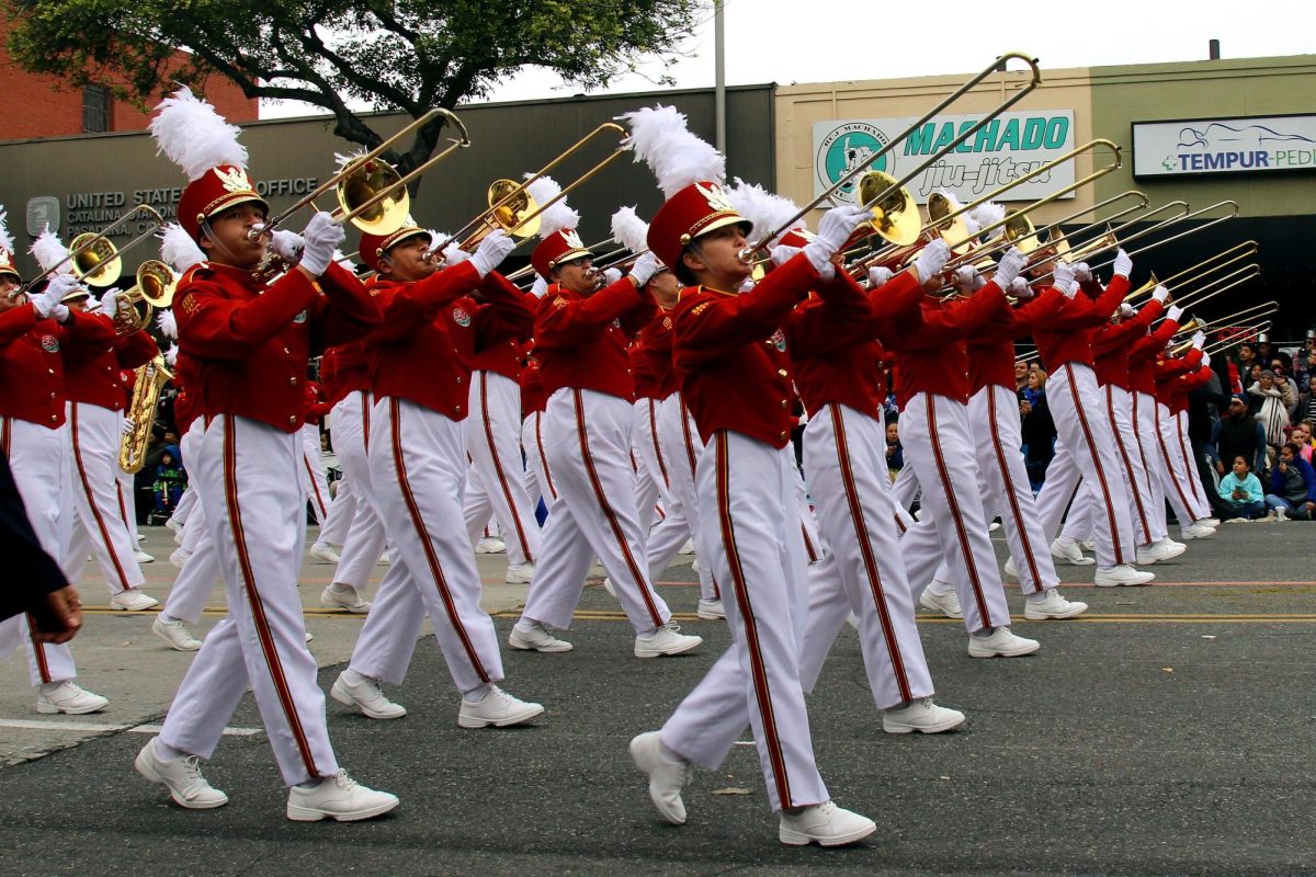 Pasadena City College band marching in Rose Parade